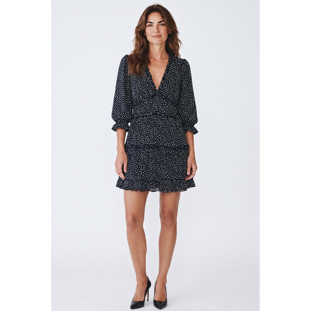 BaeVely Women Black White Heart Print V-Neck Tiered Mini Dress Small low cut